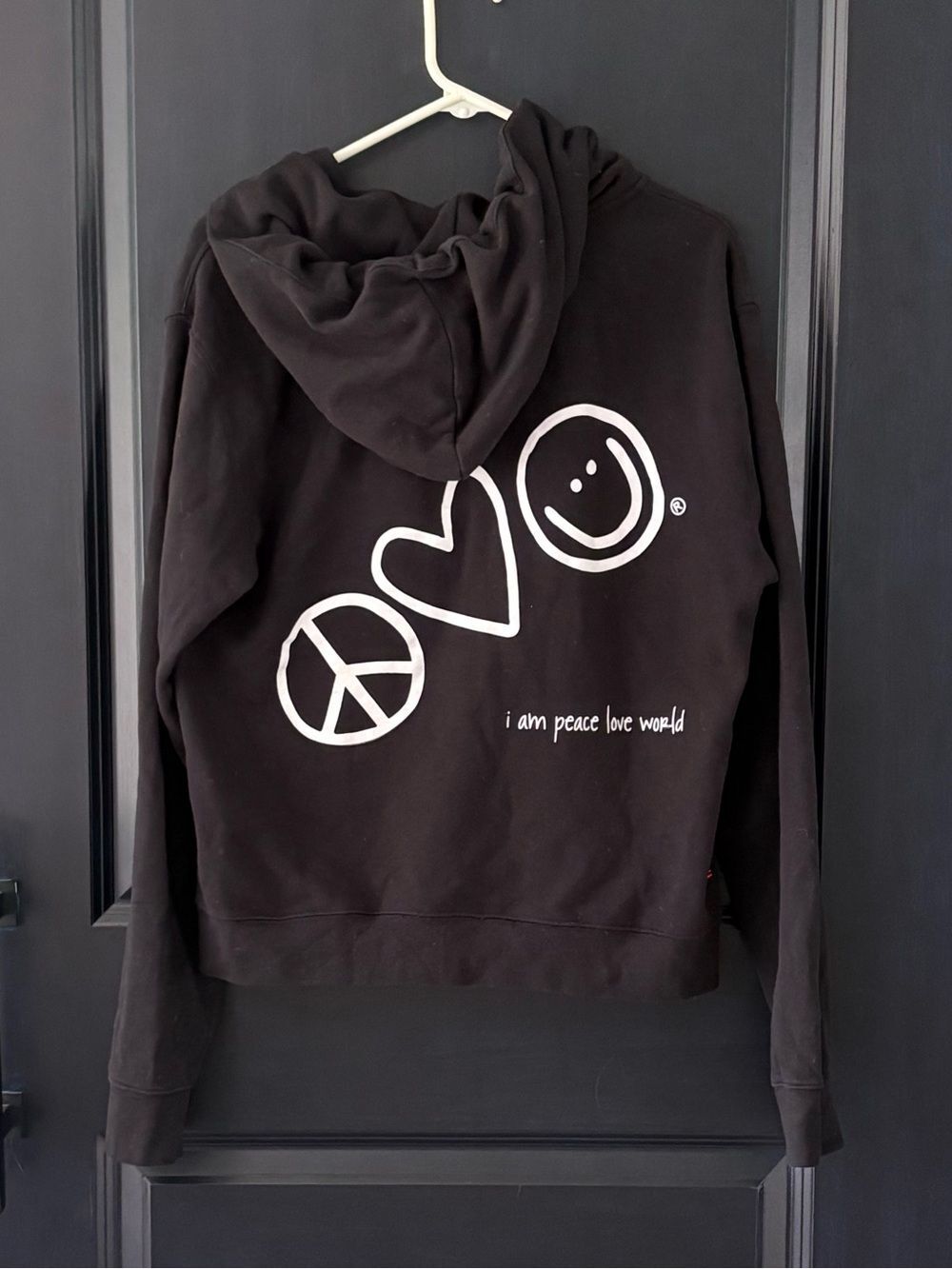 Peace Love World Black Zip Up Hoodie Peace Heart Smiley Graphic Large